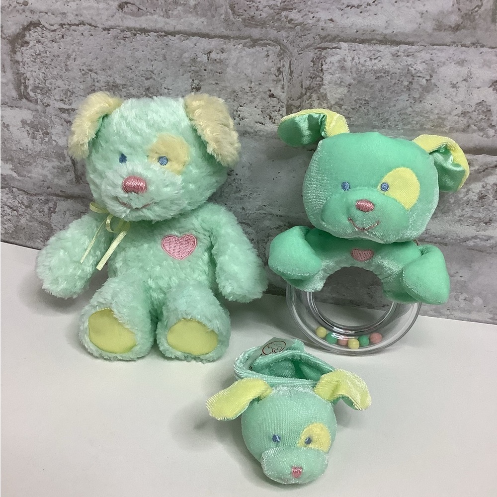 Gund Heads & Tales Puppy Dog Plush Rattle lot of 3 baby Toy Mint Green Stuffed